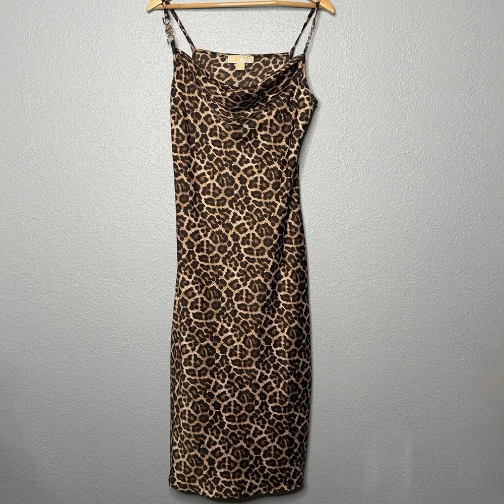 Michael Kors Leopard Sleeveless Cowl Neck Maxi Dress M MK Hardware Animal Print